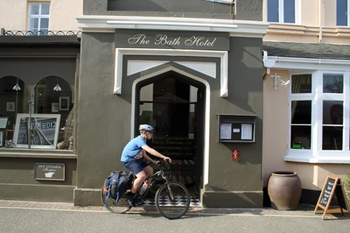 Dillan at the Bath Hotel entrance, Lynmouth
