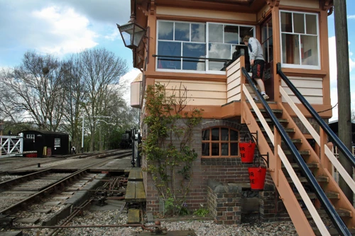 Callum Freeman examines the signal box at Didcot Railway Centre