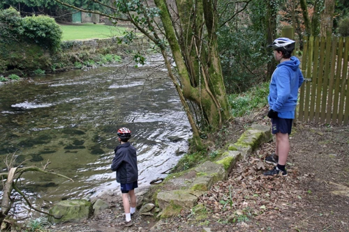 George and Dillan by the River Avon, stone-skimming stop.