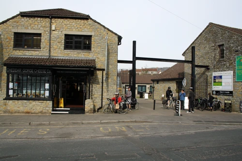 Leaving the Cheddar Gorge Cheese Company after a tour of the factory and shop