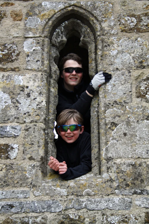 Ash and George in St Michael's Tower on Glastonbury Tor