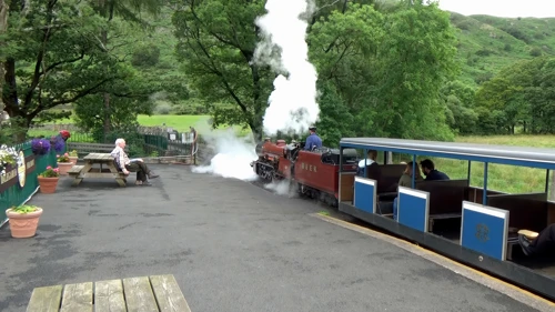 Narrow-gauge steam train leaves Dalegarth Station, Boot, for the Ravenglass and Eskdale Railway