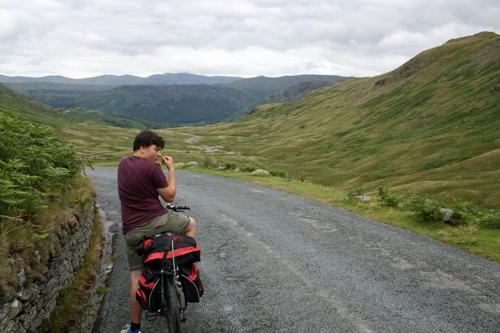 The fun eastward descent from Honister Pass towards Borrowdale.