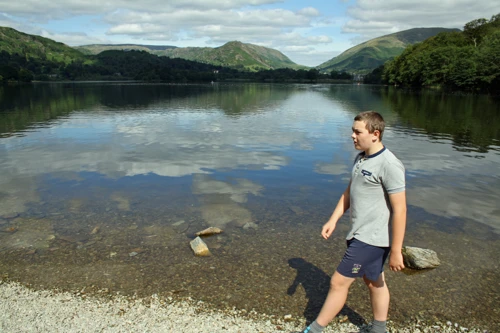 Dillan on the beach at Grasmere’s southern end.