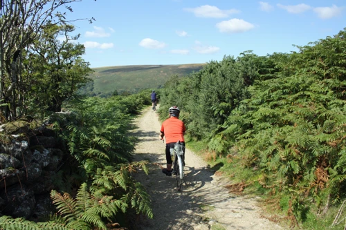 Dillan and John on the track from Bonehill to Natsworthy, 8.8 miles in.