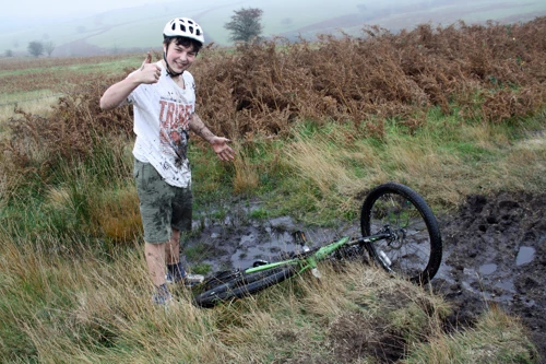 Lawrence still cheerful despite his muddy mishap.