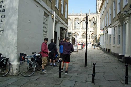 Dillan and Michael rejoin the group near Bath Abbey after the Baths tour