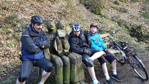 Tao, Dillan and George with the bench sculptures on the Tarka Trail near Great Torrington, 28.1 miles in.