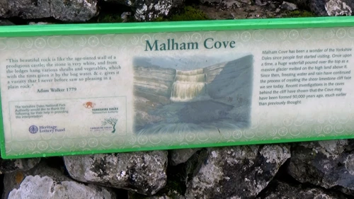 Wall-mounted information board by Malham Cove.