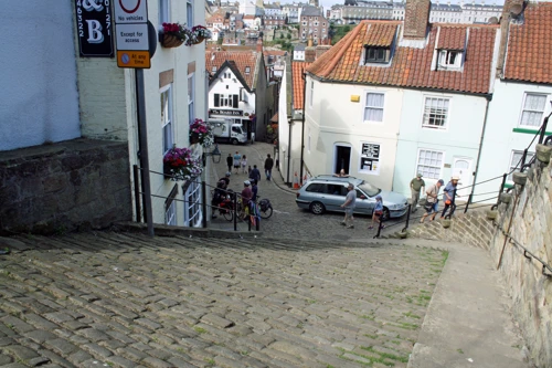 Steep steps and cobbles from the hostel down to Henrietta Street, Whitby