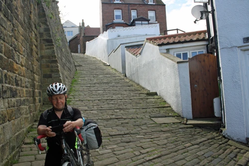 Steep cobbled path from the hostel down into town
