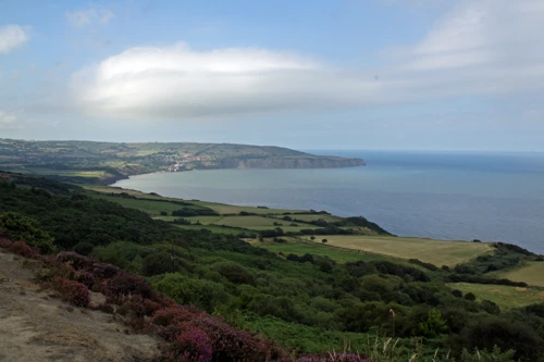 Looking back to Robin Hood’s Bay from the railway path approaching Ravenscar