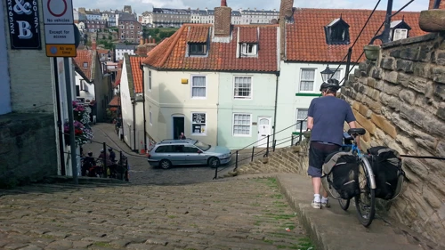 Michael negotiates the steep street from the hostel to Henrietta Street, Whitby