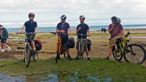 The youngsters arrive at Boggle Hole after riding the beach from Robin Hood’s Bay