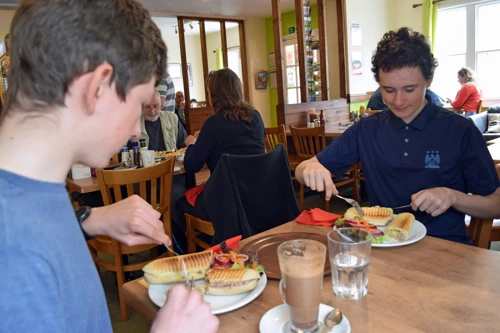 George and Jude tuck into lunch at the Foxtor Café, Princetown.