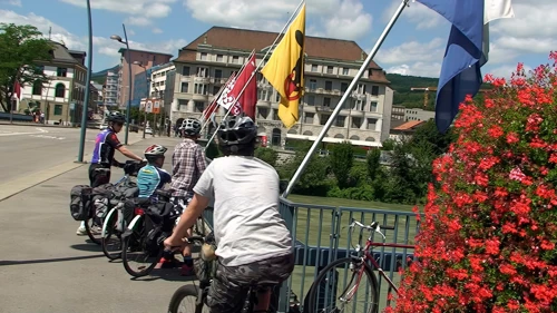Outside the rail station at Olten, on the bridge over the River Aare, 1.2 cycling miles into the ride