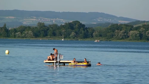 The leisure platform in Lake Murten at Camping de la Plage, Faoug, where we had a lot of aquatic fun
