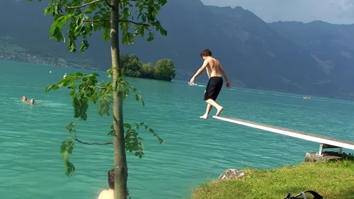 Lawrence takes the plunge at Iseltwald Camping and Lido, 11.3 miles into the ride