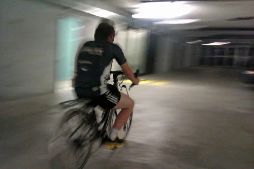 Ash has fun in the parking facility underneath Interlaken Youth Hostel