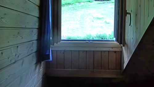 The roof window in our dorm that allowed thunder rain in last night and town noises in this morning