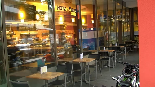 The Hotz Rust Bakery at Rotkreuz, 10.2 miles into the ride, one of the finest cafes we have ever seen, and very useful given the heavy rain